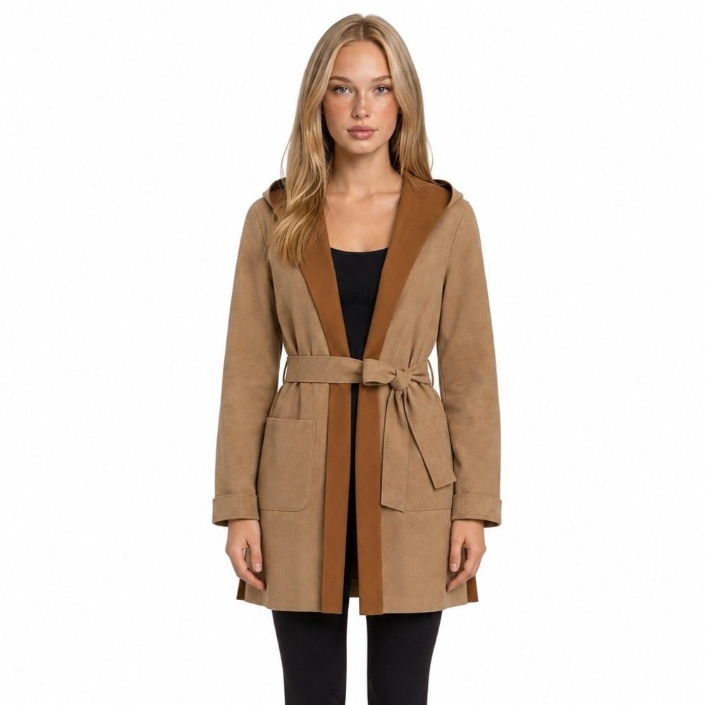 NWT Joan Vass Hooded Wrap Coat Womens Size Medium Camel Faux Suede Belted Jacket
